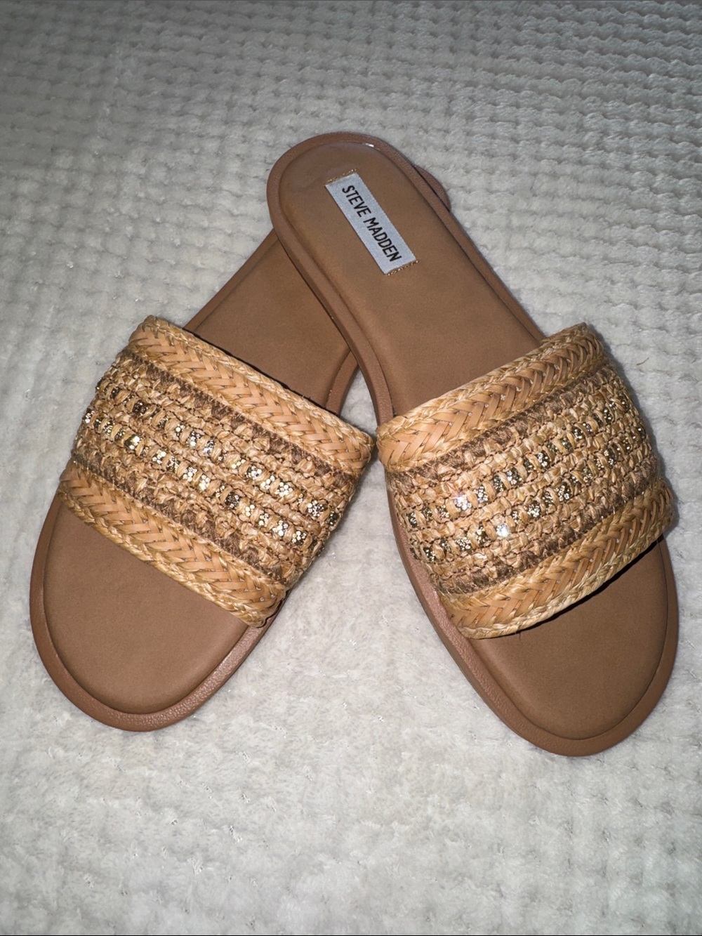 ✨ 🆕 Steve Madden Sienna Raffia Rhinestone Slide Sandals – Women’s Size 10